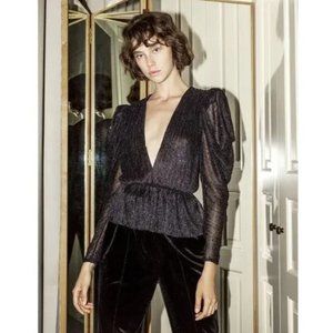 Sabina Musayev Bruno Sequin Lurex Peplum Top in Navy